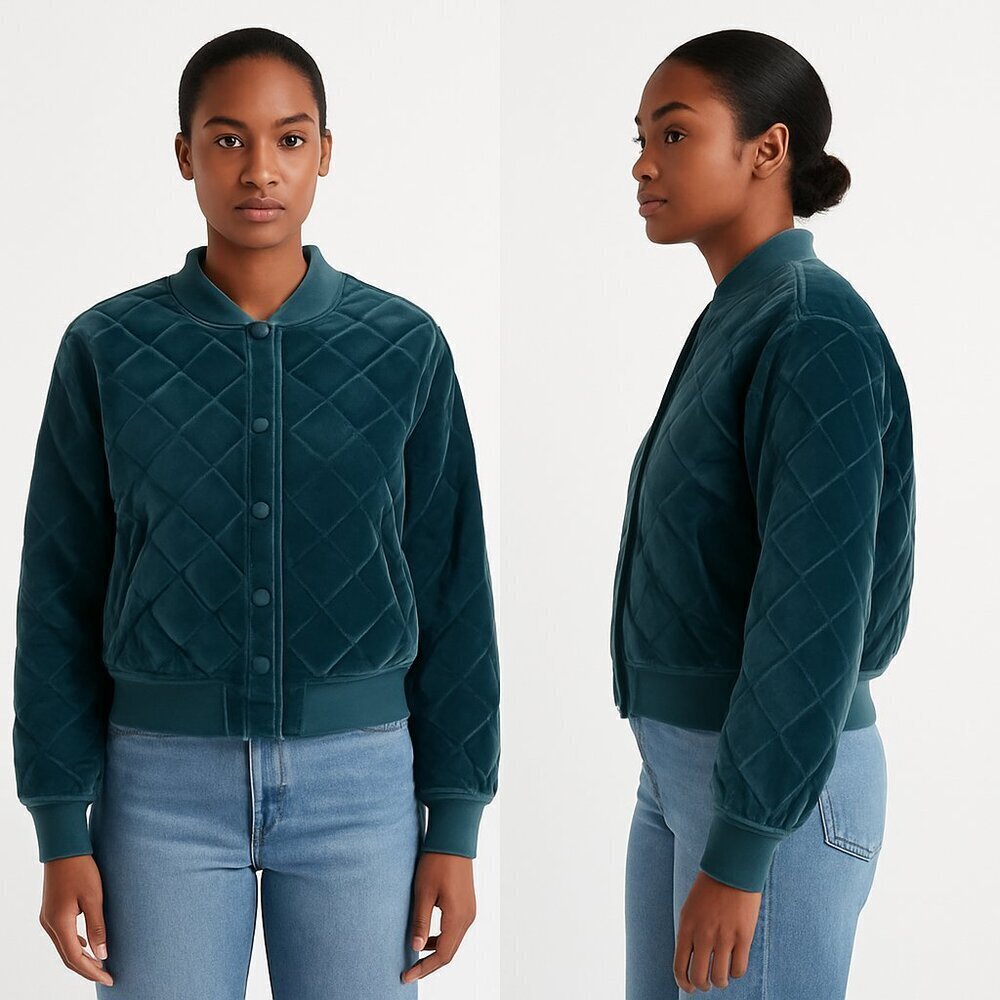 7 For All Mankind Sz M Teal Quilted Velvet Bomber Jacket Snap Front Quiet Luxe